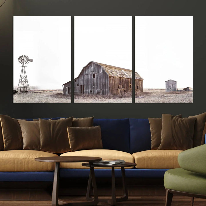 A set of six farmhouse wall art prints depicting a rustic barn, windmill, and shed in a foggy field beautifully adorns the space. This collection captures every detail on museum-quality canvas with professional craftsman precision.