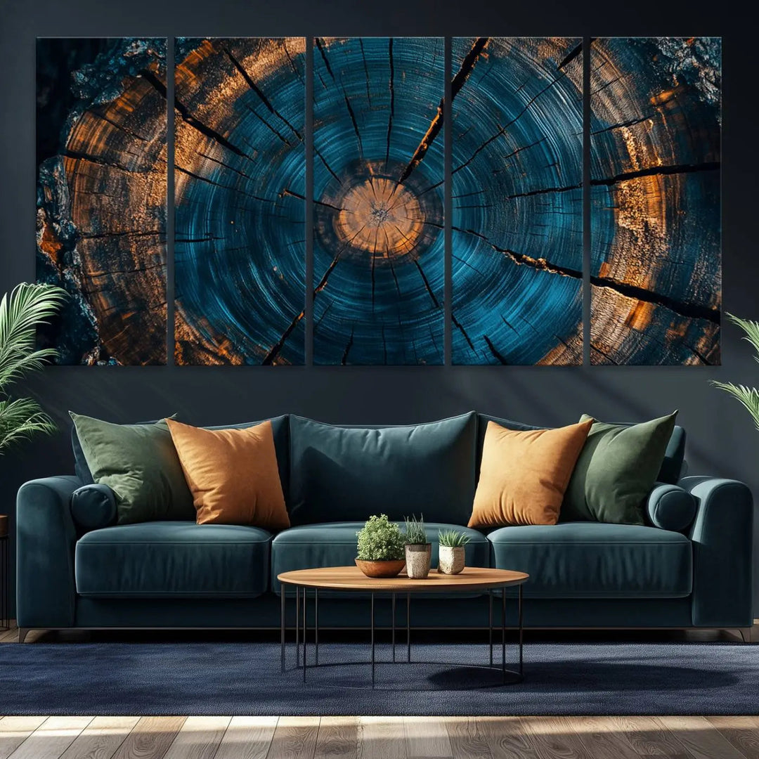 Farmhouse Wall Art of abstract tree rings, bathed in natural light.