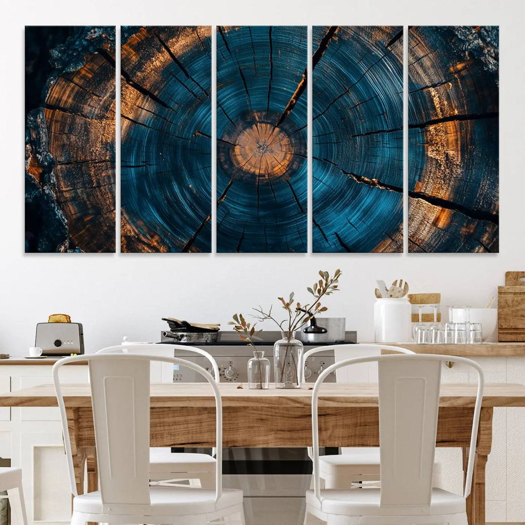 Farmhouse Wall Art of abstract tree rings, bathed in natural light.