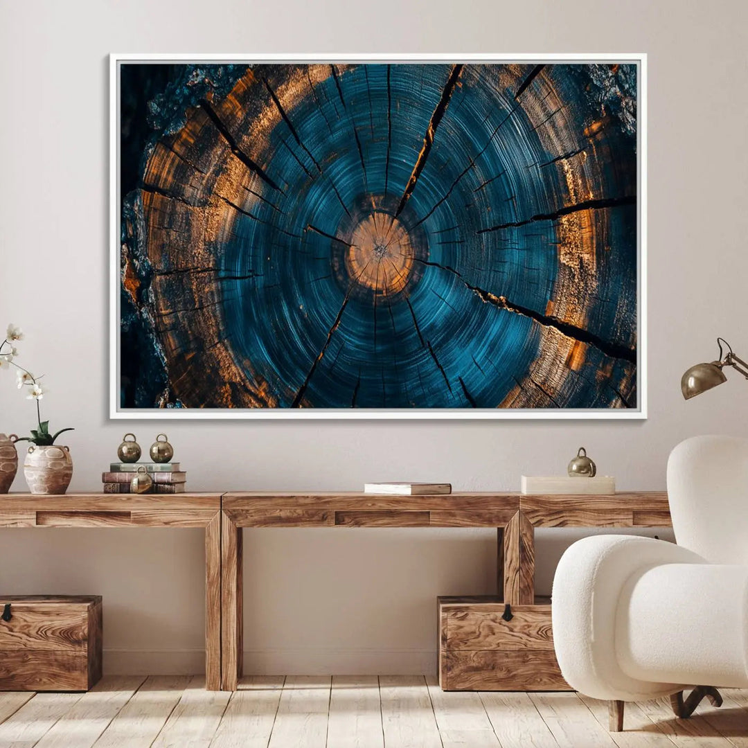 Farmhouse Wall Art of abstract tree rings, bathed in natural light.