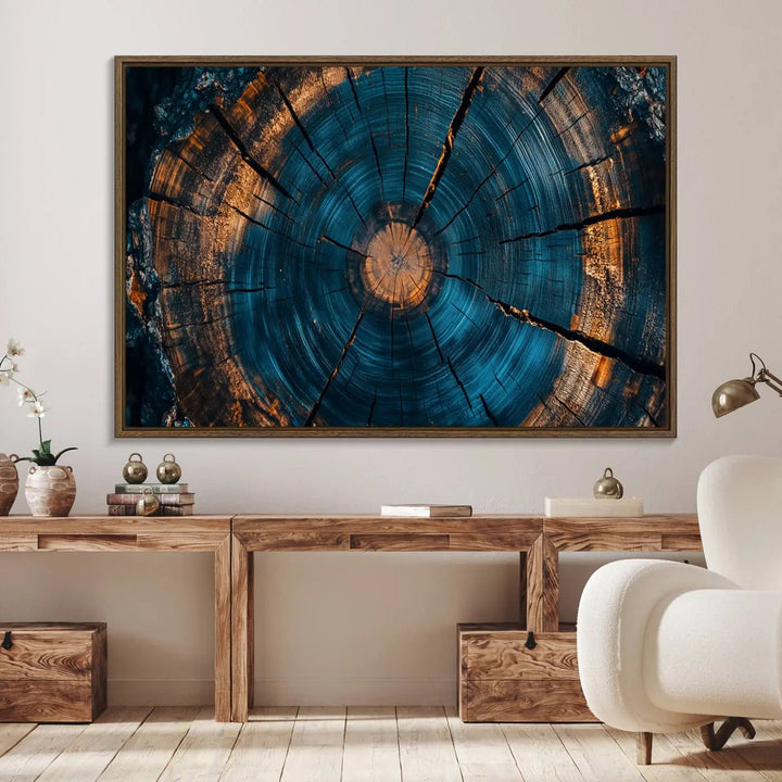 Farmhouse Wall Art of abstract tree rings, bathed in natural light.