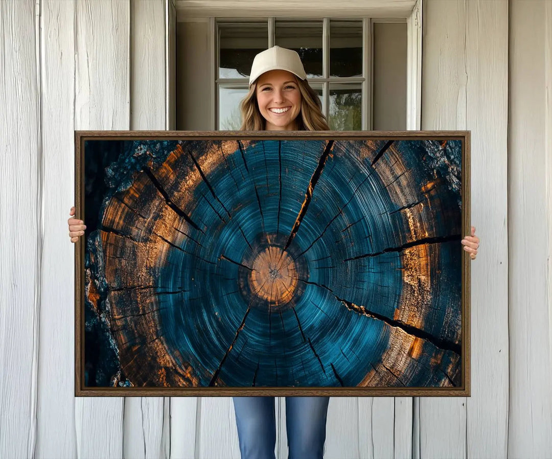 Farmhouse Wall Art of abstract tree rings, bathed in natural light.