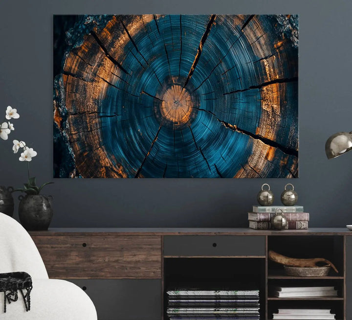 Farmhouse Wall Art of abstract tree rings, bathed in natural light.