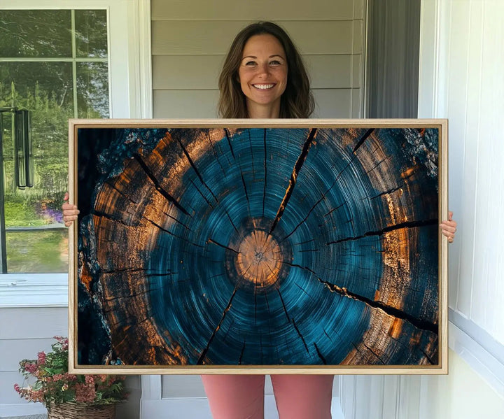 Farmhouse Wall Art of abstract tree rings, bathed in natural light.