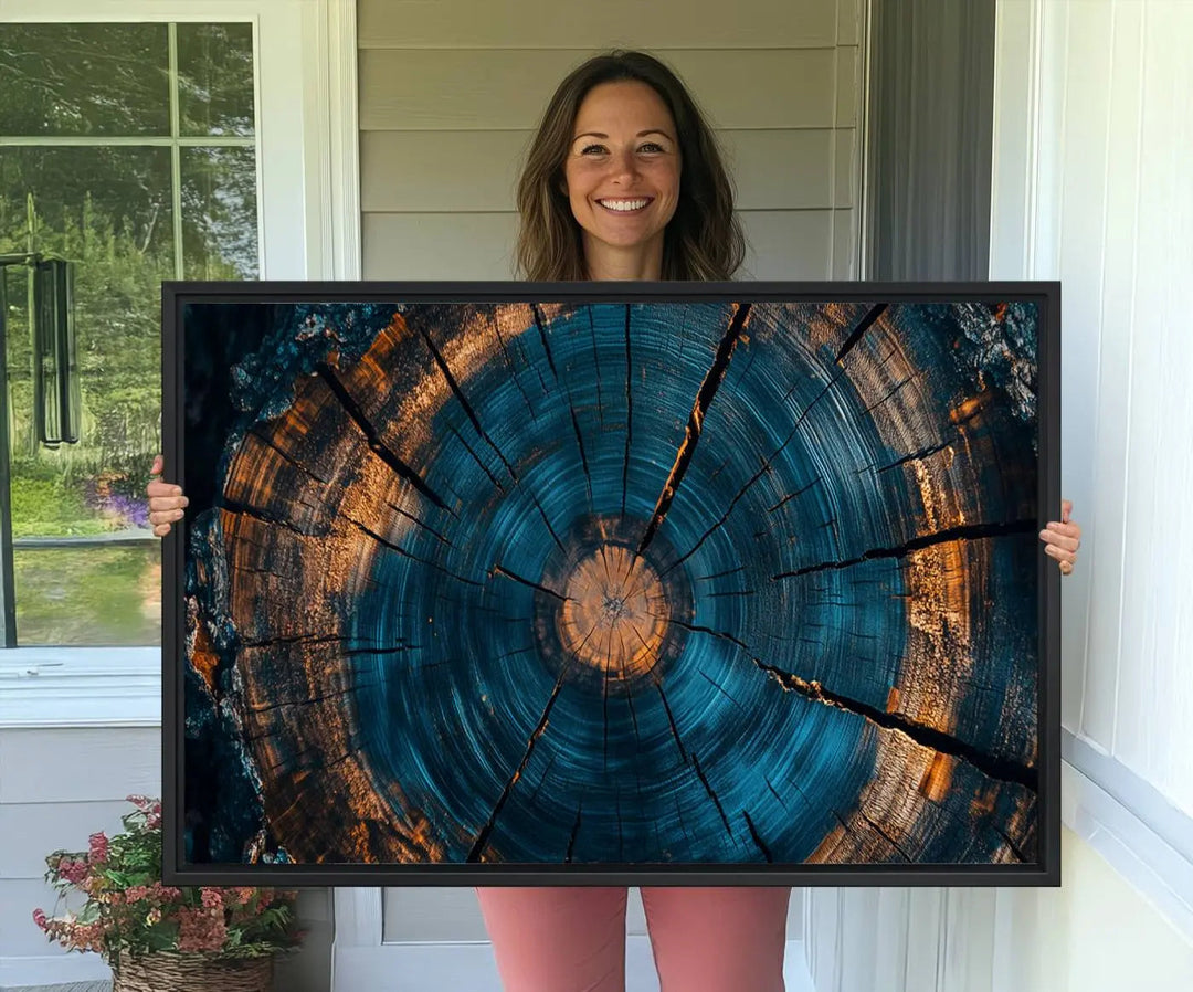 Farmhouse Wall Art of abstract tree rings, bathed in natural light.