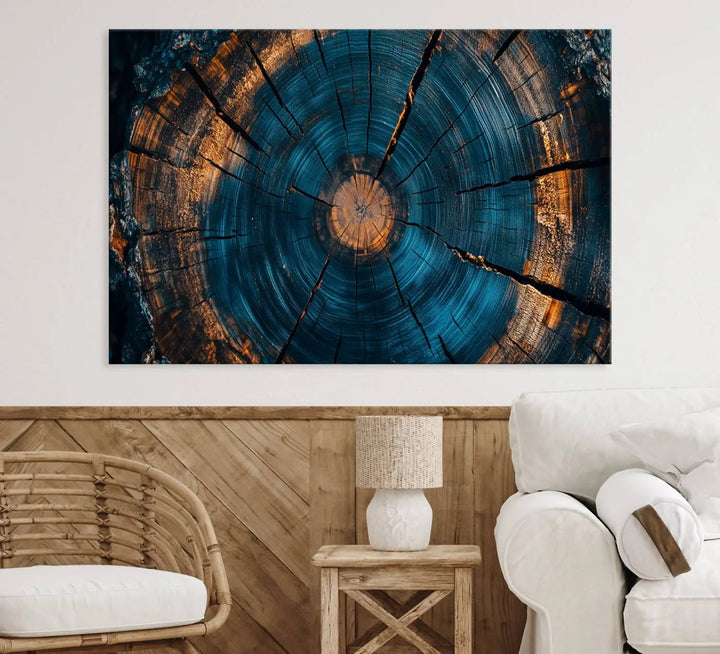 Farmhouse Wall Art of abstract tree rings, bathed in natural light.