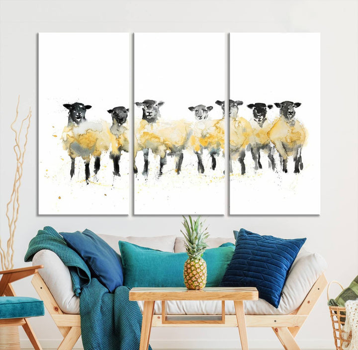 The Farmhouse Wall Art Sheep Print, ready to hang as a framed canvas, adorns the black wall, adding a hint of rustic barn decor.