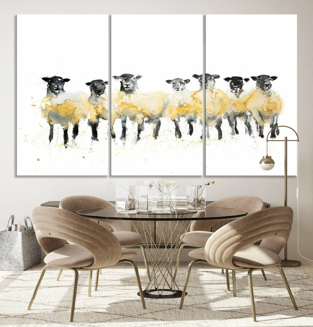 The Farmhouse Wall Art Sheep Print, ready to hang as a framed canvas, adorns the black wall, adding a hint of rustic barn decor.