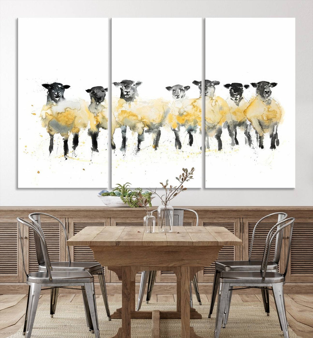 The Farmhouse Wall Art Sheep Print, ready to hang as a framed canvas, adorns the black wall, adding a hint of rustic barn decor.