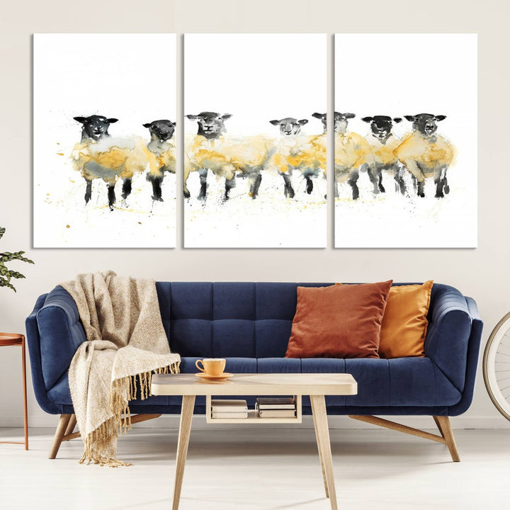 The Farmhouse Wall Art Sheep Print, ready to hang as a framed canvas, adorns the black wall, adding a hint of rustic barn decor.