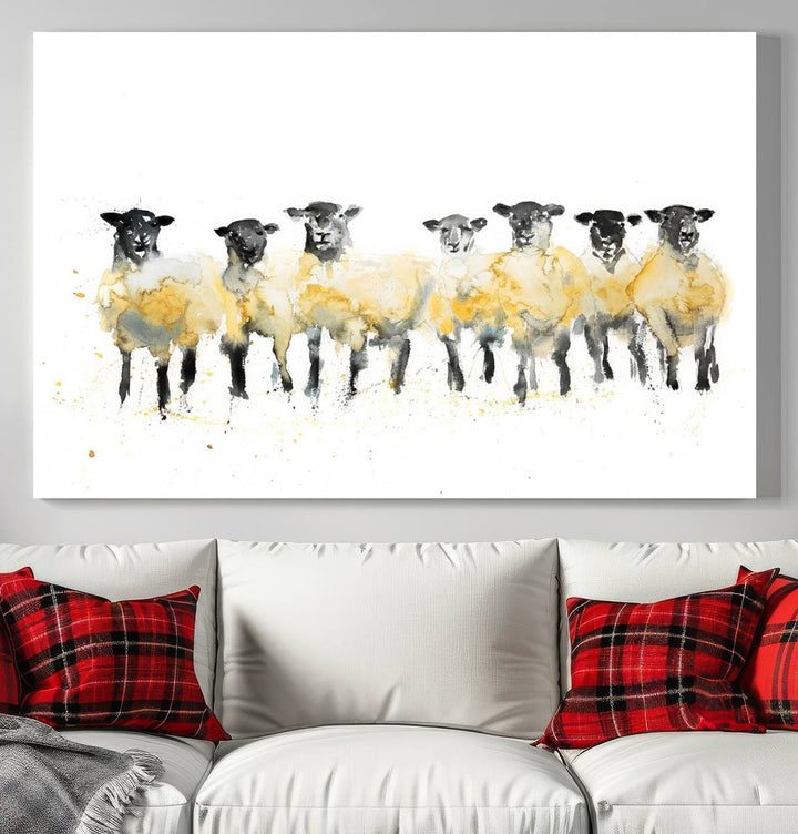 The Farmhouse Wall Art Sheep Print, ready to hang as a framed canvas, adorns the black wall, adding a hint of rustic barn decor.