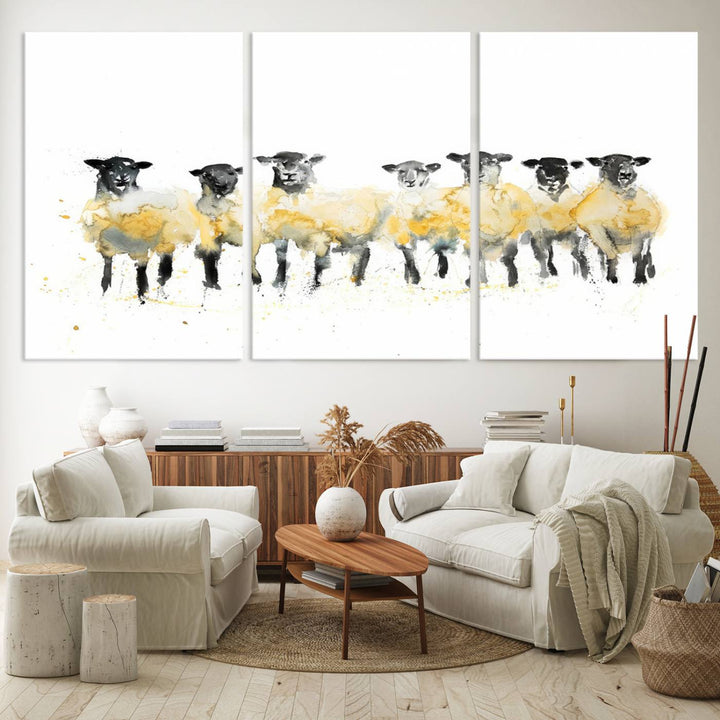 The Farmhouse Wall Art Sheep Print, ready to hang as a framed canvas, adorns the black wall, adding a hint of rustic barn decor.