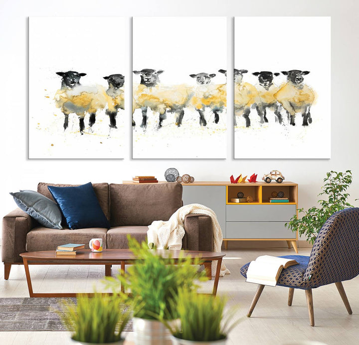 The Farmhouse Wall Art Sheep Print, ready to hang as a framed canvas, adorns the black wall, adding a hint of rustic barn decor.