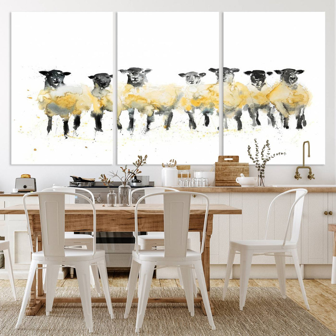 The Farmhouse Wall Art Sheep Print, ready to hang as a framed canvas, adorns the black wall, adding a hint of rustic barn decor.