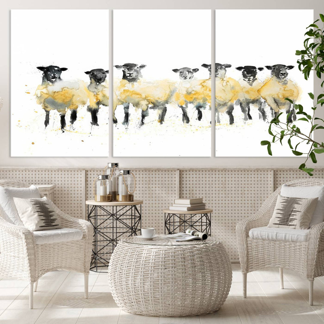 The Farmhouse Wall Art Sheep Print, ready to hang as a framed canvas, adorns the black wall, adding a hint of rustic barn decor.