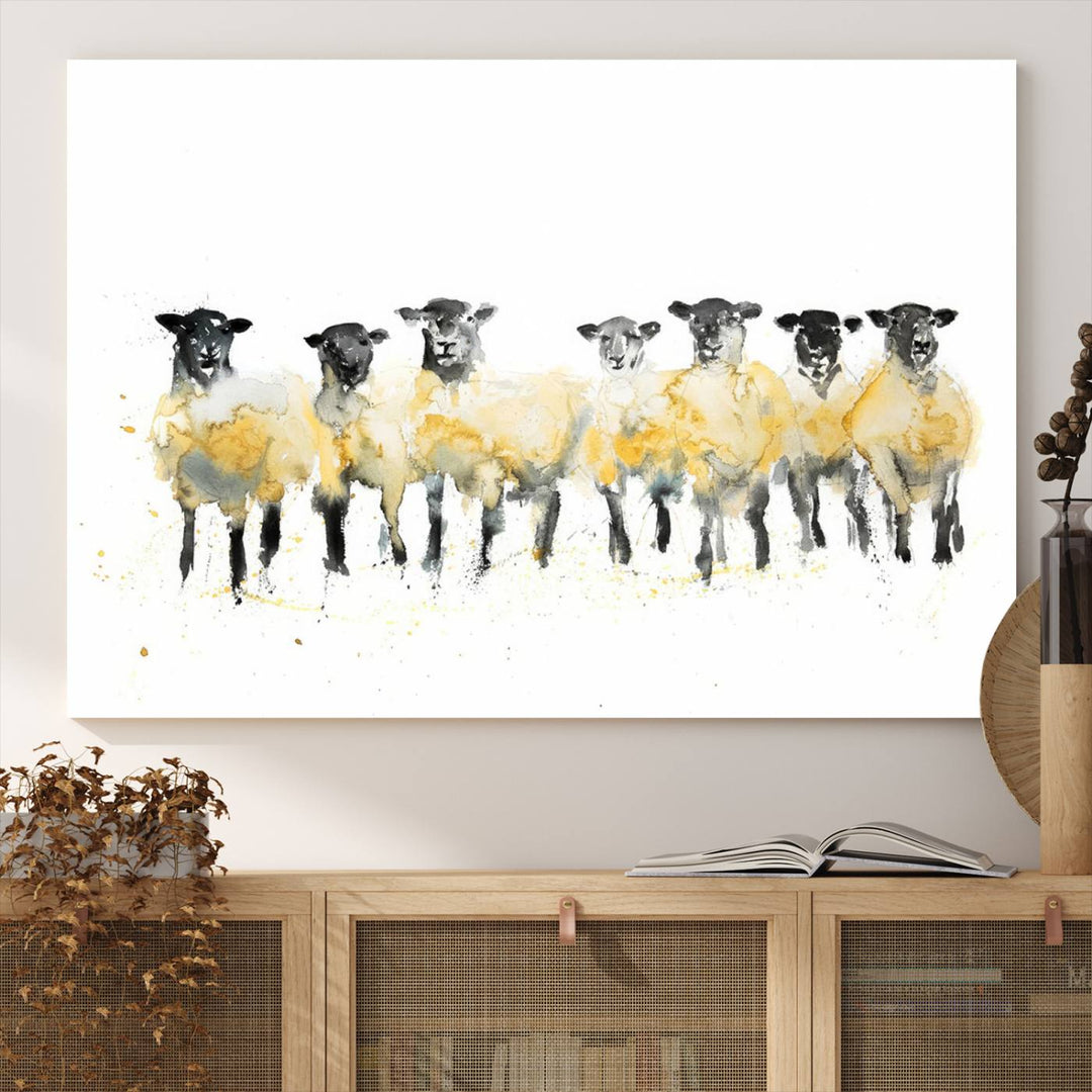 The Farmhouse Wall Art Sheep Print, ready to hang as a framed canvas, adorns the black wall, adding a hint of rustic barn decor.