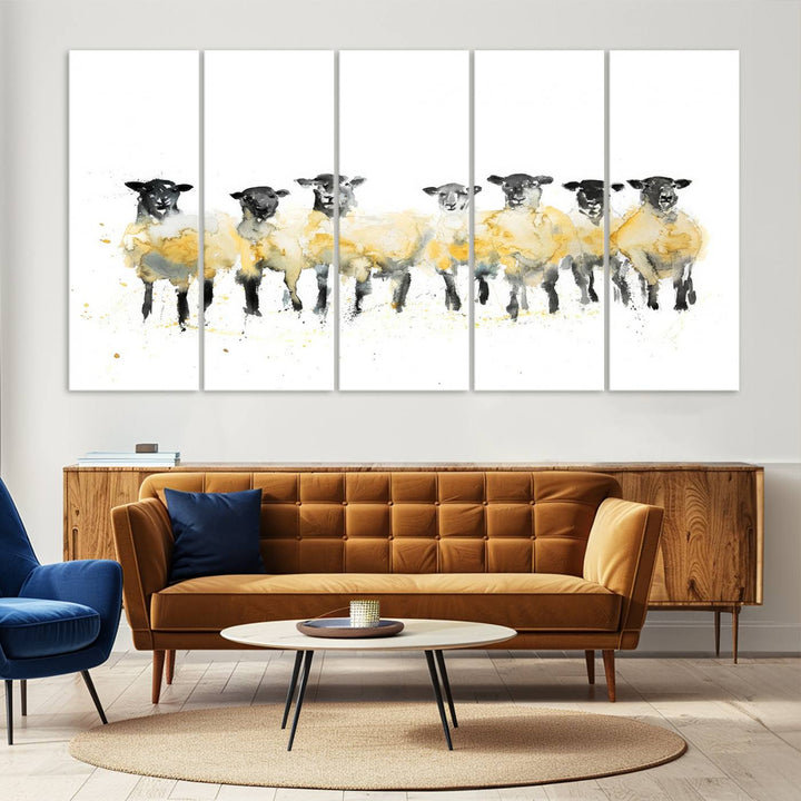 The Farmhouse Wall Art Sheep Print, ready to hang as a framed canvas, adorns the black wall, adding a hint of rustic barn decor.