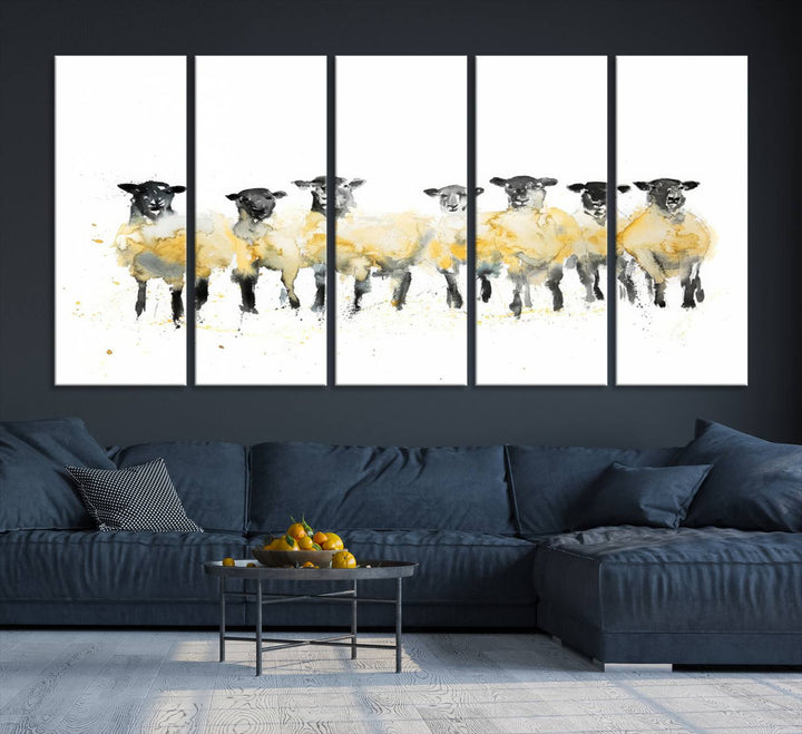 The Farmhouse Wall Art Sheep Print, ready to hang as a framed canvas, adorns the black wall, adding a hint of rustic barn decor.