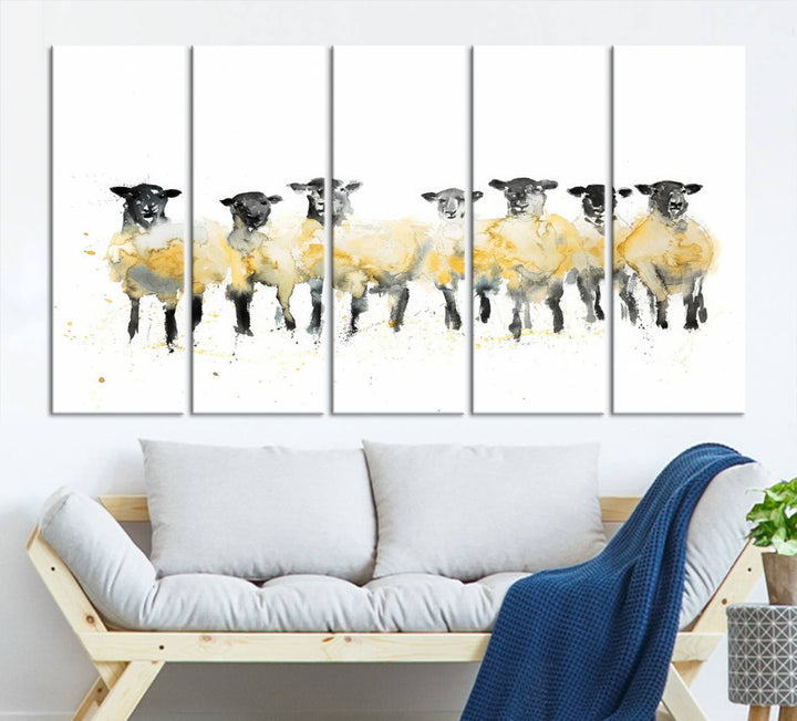 The Farmhouse Wall Art Sheep Print, ready to hang as a framed canvas, adorns the black wall, adding a hint of rustic barn decor.