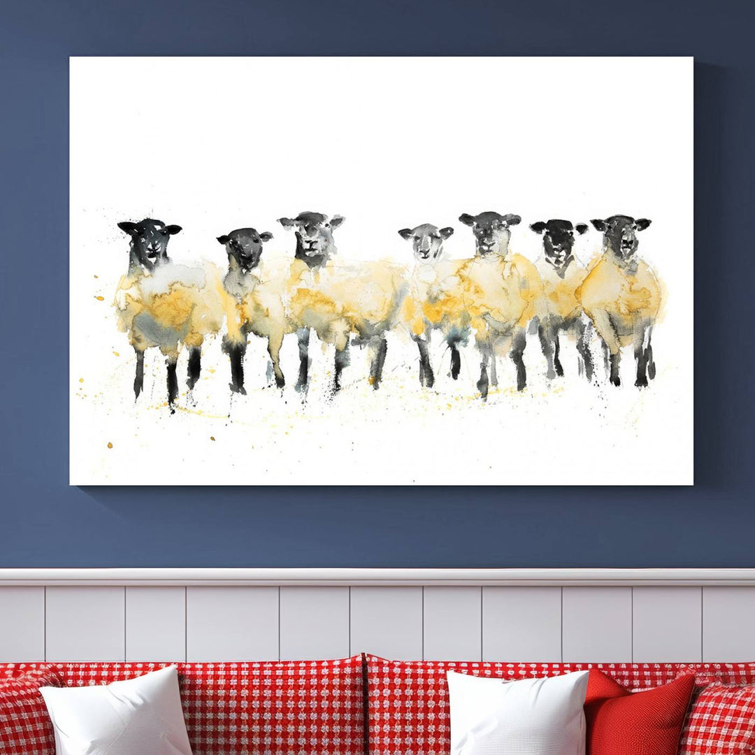 The Farmhouse Wall Art Sheep Print, ready to hang as a framed canvas, adorns the black wall, adding a hint of rustic barn decor.