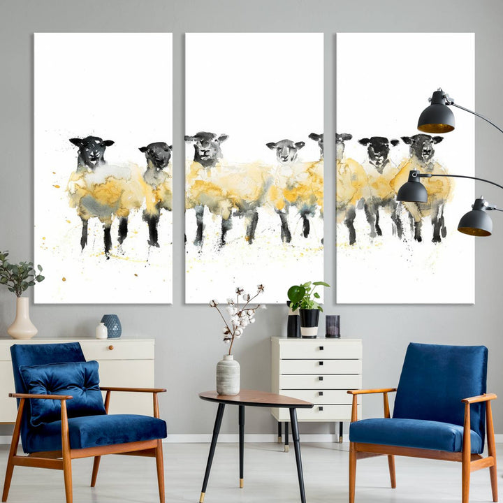 The Farmhouse Wall Art Sheep Print, ready to hang as a framed canvas, adorns the black wall, adding a hint of rustic barn decor.