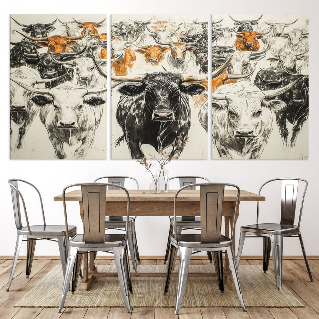 This exquisite farmhouse wall art, titled "Western Longhorn Cattle Canvas Print," showcases a majestic herd of longhorn cattle in a three-panel design. This ready-to-hang and framed barn decor infuses your space with rustic charm.