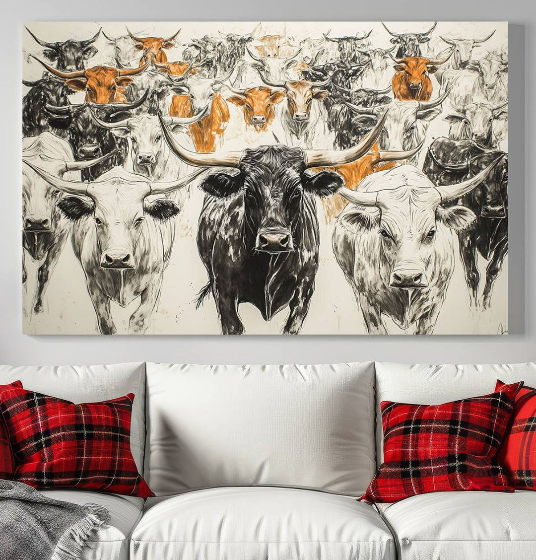 This exquisite farmhouse wall art, titled "Western Longhorn Cattle Canvas Print," showcases a majestic herd of longhorn cattle in a three-panel design. This ready-to-hang and framed barn decor infuses your space with rustic charm.