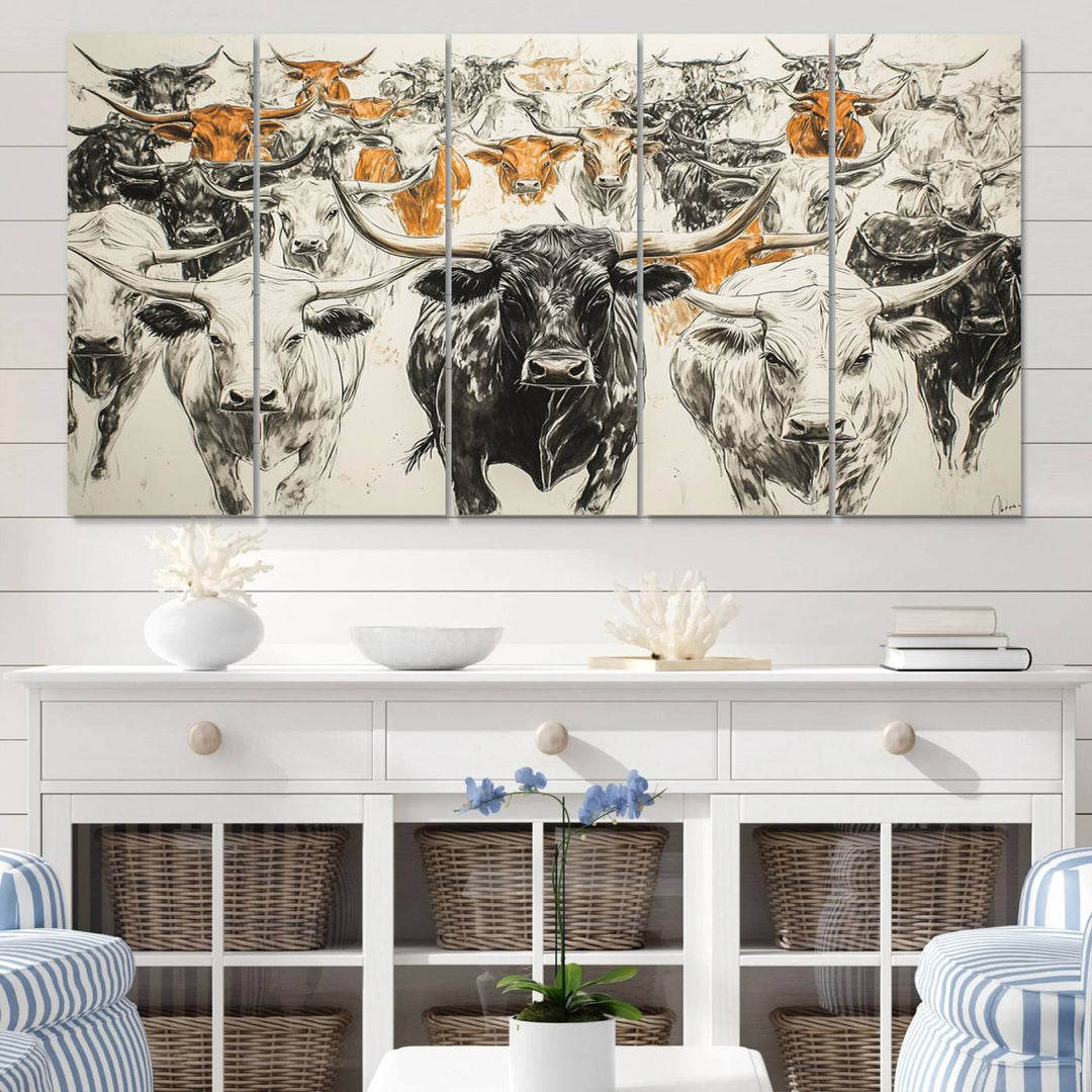 This exquisite farmhouse wall art, titled "Western Longhorn Cattle Canvas Print," showcases a majestic herd of longhorn cattle in a three-panel design. This ready-to-hang and framed barn decor infuses your space with rustic charm.