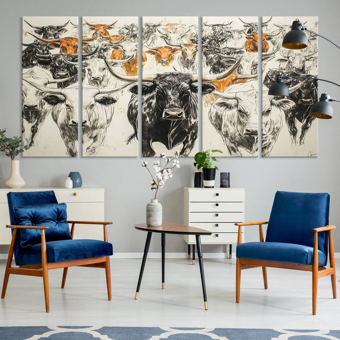 This exquisite farmhouse wall art, titled "Western Longhorn Cattle Canvas Print," showcases a majestic herd of longhorn cattle in a three-panel design. This ready-to-hang and framed barn decor infuses your space with rustic charm.