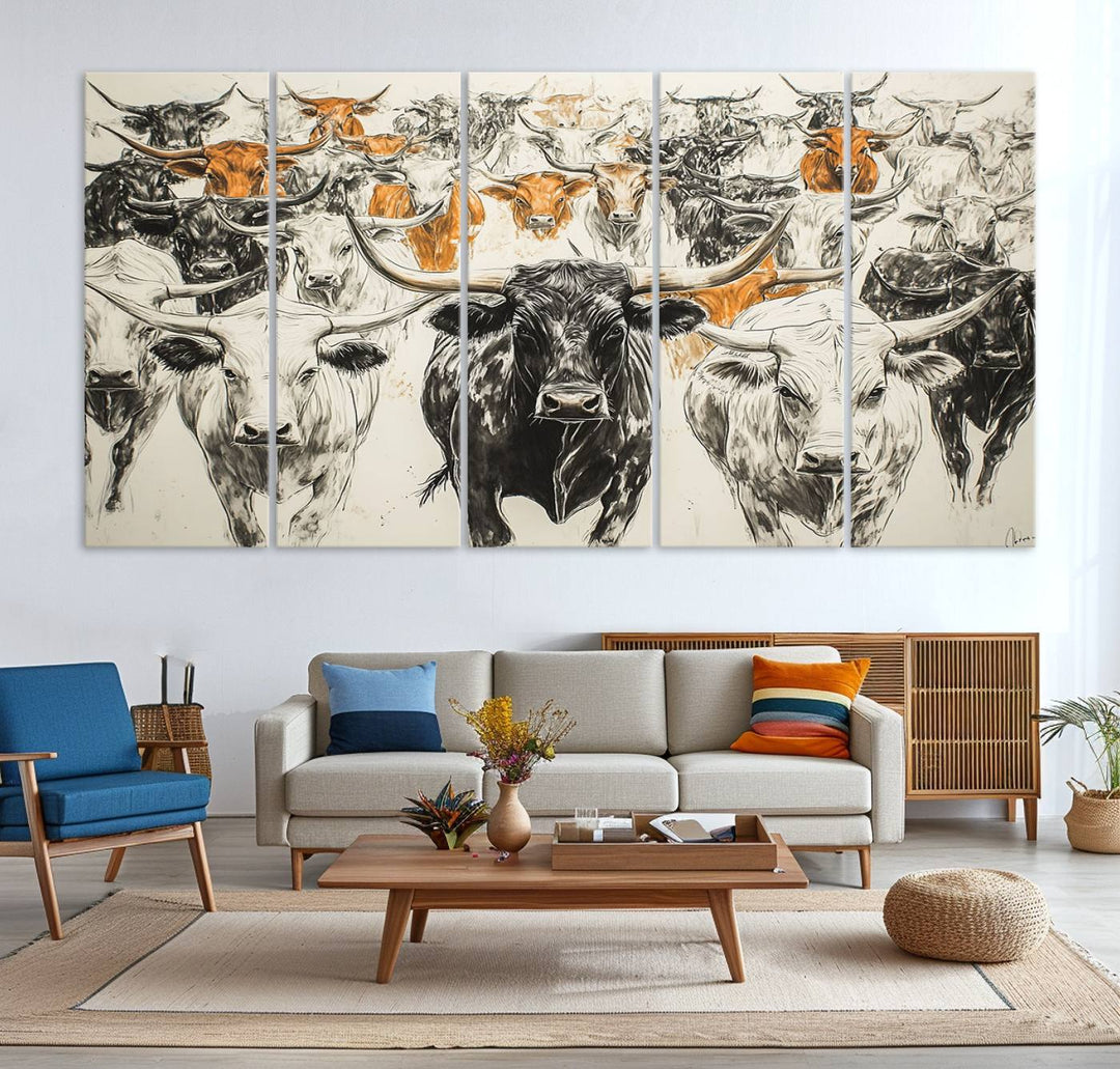 This exquisite farmhouse wall art, titled "Western Longhorn Cattle Canvas Print," showcases a majestic herd of longhorn cattle in a three-panel design. This ready-to-hang and framed barn decor infuses your space with rustic charm.