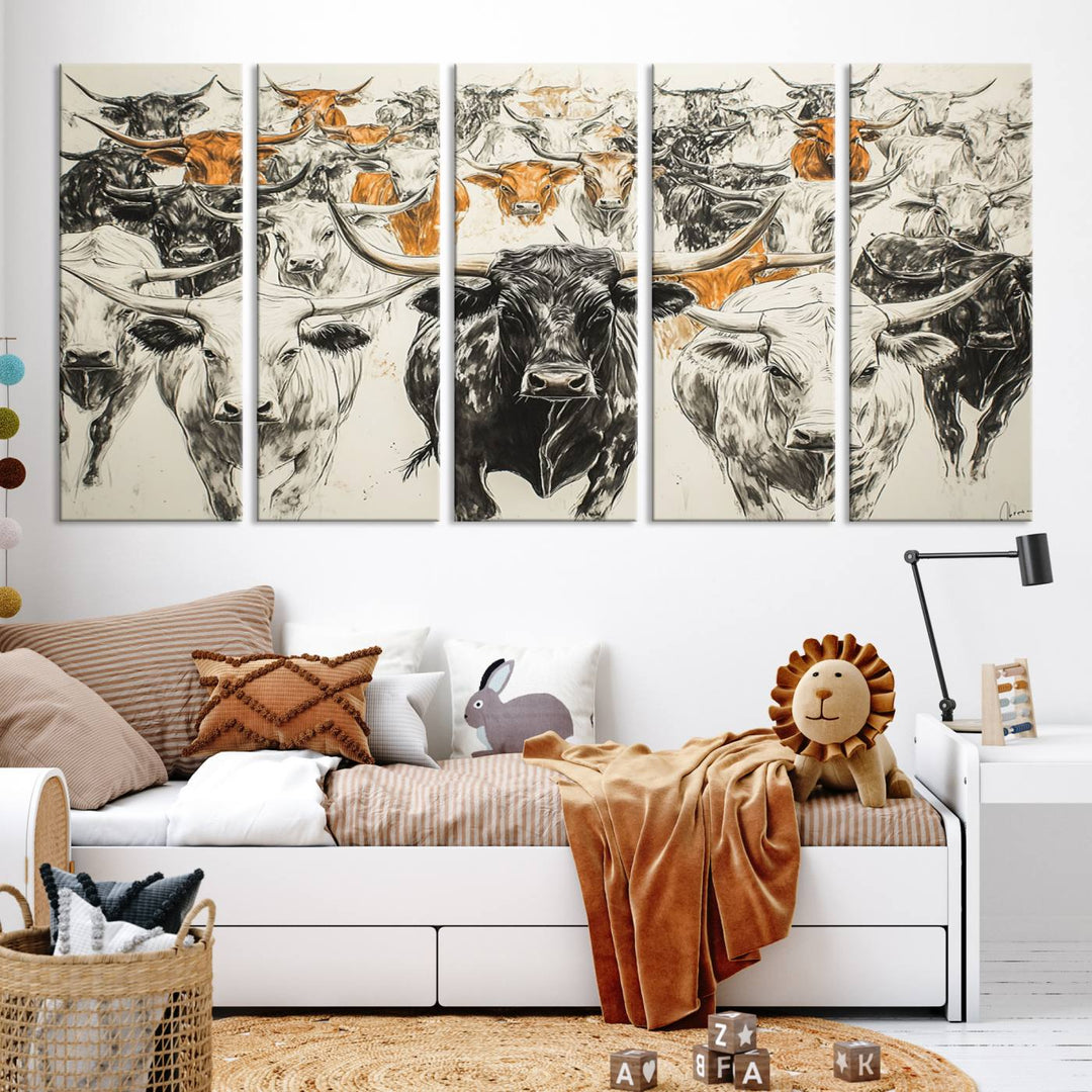 This exquisite farmhouse wall art, titled "Western Longhorn Cattle Canvas Print," showcases a majestic herd of longhorn cattle in a three-panel design. This ready-to-hang and framed barn decor infuses your space with rustic charm.