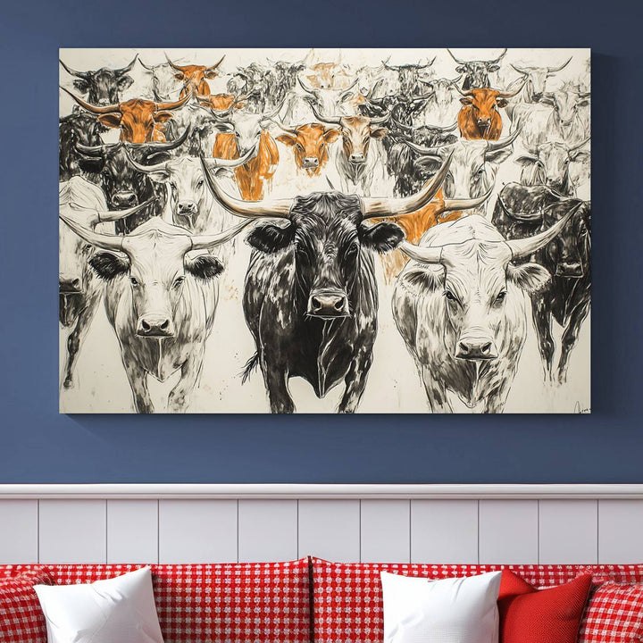 This exquisite farmhouse wall art, titled "Western Longhorn Cattle Canvas Print," showcases a majestic herd of longhorn cattle in a three-panel design. This ready-to-hang and framed barn decor infuses your space with rustic charm.