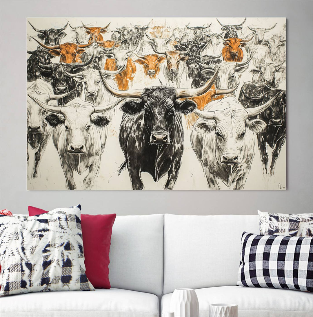 This exquisite farmhouse wall art, titled "Western Longhorn Cattle Canvas Print," showcases a majestic herd of longhorn cattle in a three-panel design. This ready-to-hang and framed barn decor infuses your space with rustic charm.