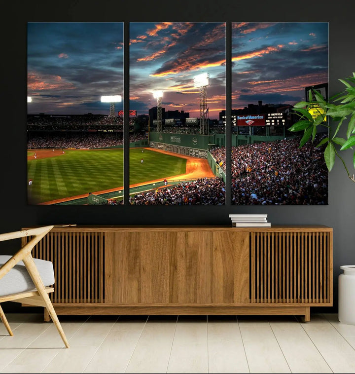 A three-panel framed Fenway Park Wall Art Canvas Print at sunset.