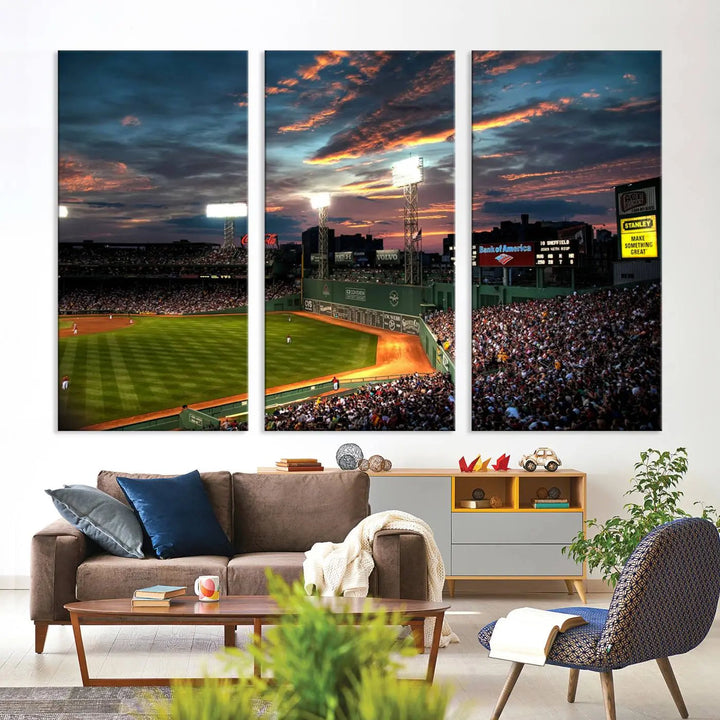 A three-panel framed Fenway Park Wall Art Canvas Print at sunset.