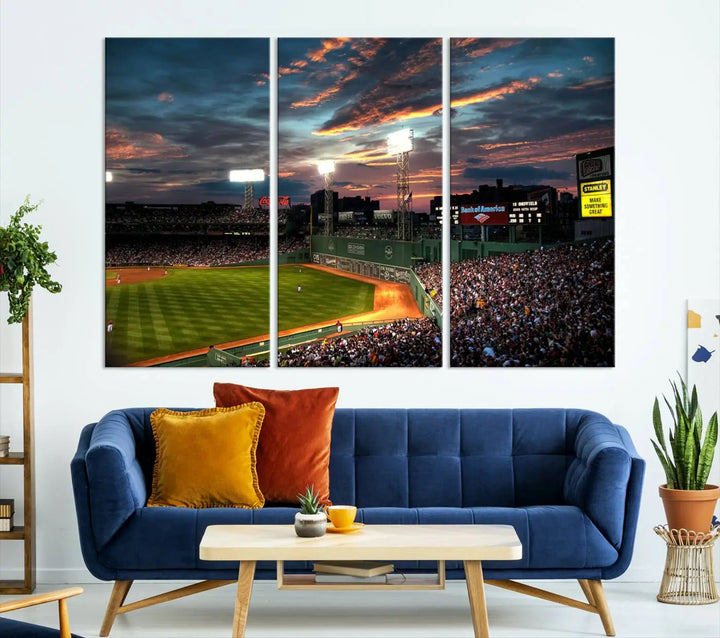 A three-panel framed Fenway Park Wall Art Canvas Print at sunset.