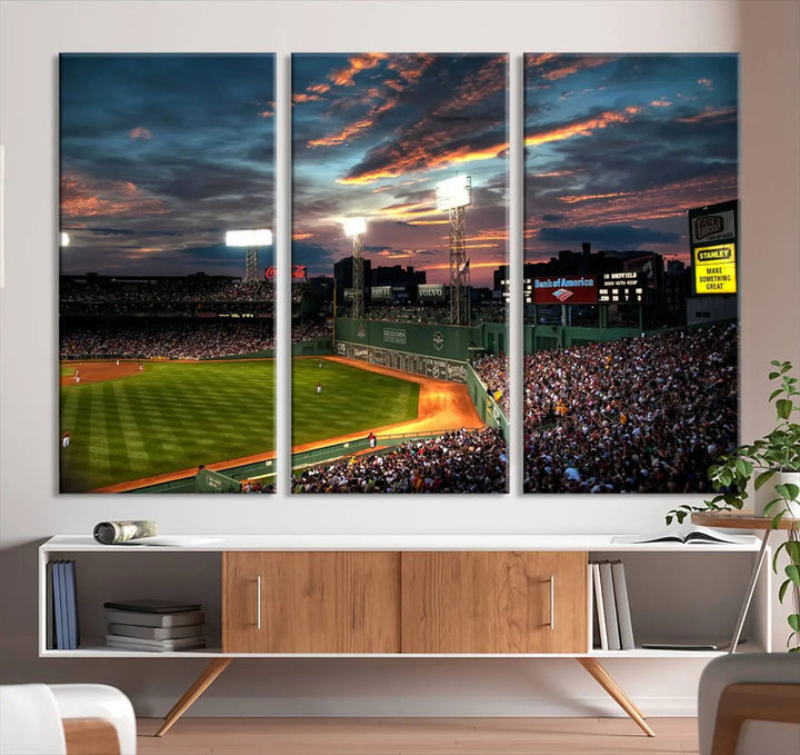 A three-panel framed Fenway Park Wall Art Canvas Print at sunset.