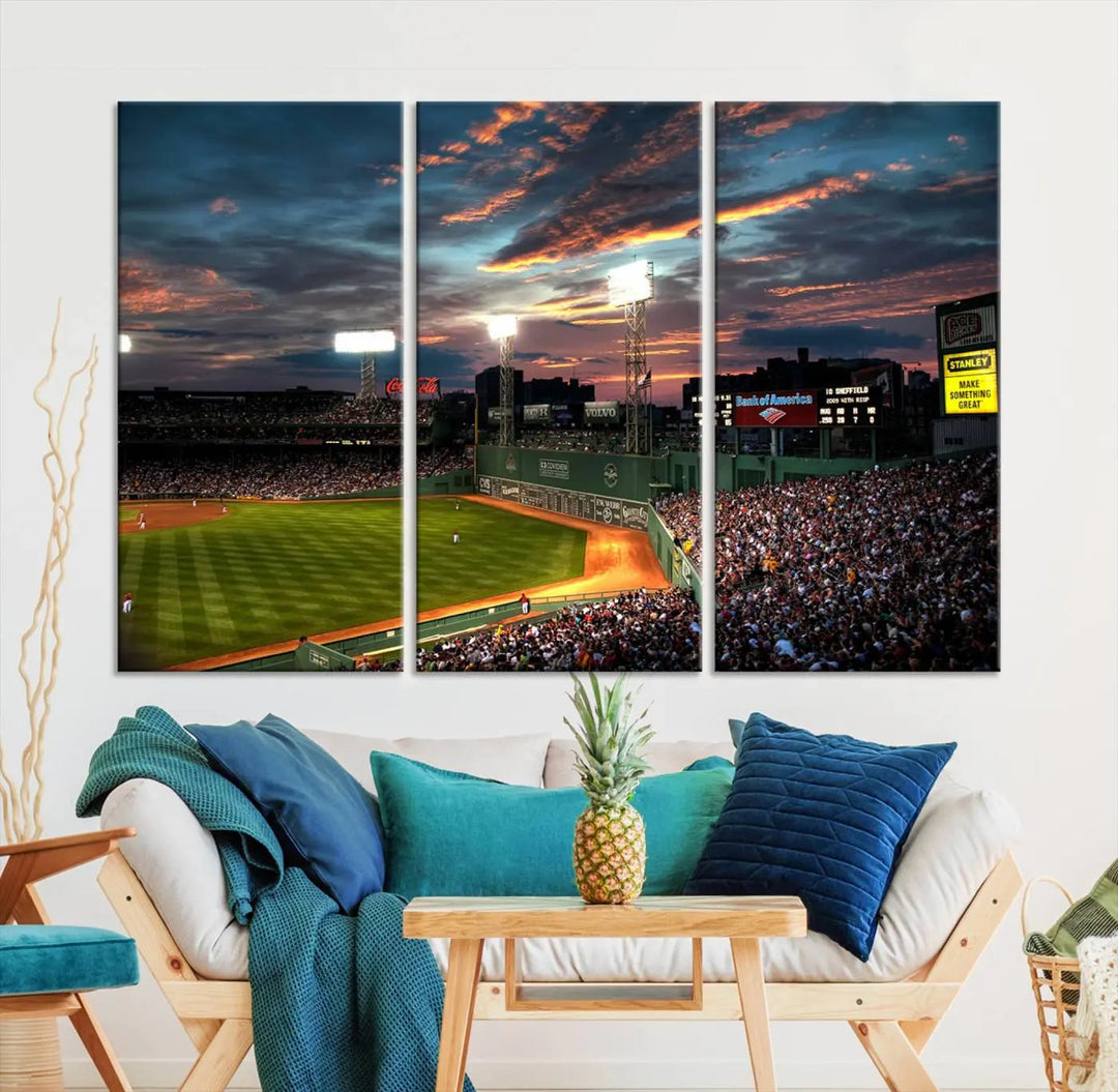 A three-panel framed Fenway Park Wall Art Canvas Print at sunset.