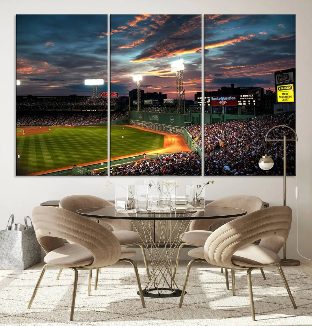 A three-panel framed Fenway Park Wall Art Canvas Print at sunset.