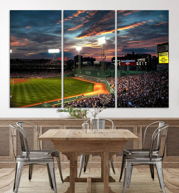 A three-panel framed Fenway Park Wall Art Canvas Print at sunset.