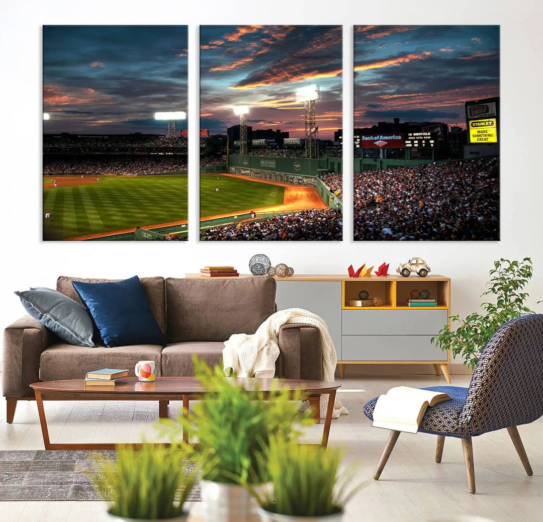 A three-panel framed Fenway Park Wall Art Canvas Print at sunset.