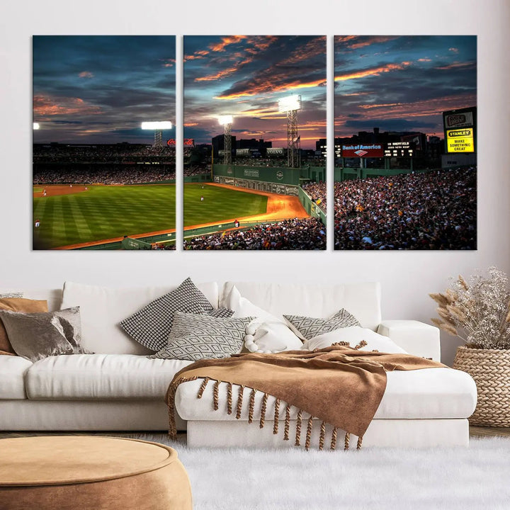 A three-panel framed Fenway Park Wall Art Canvas Print at sunset.