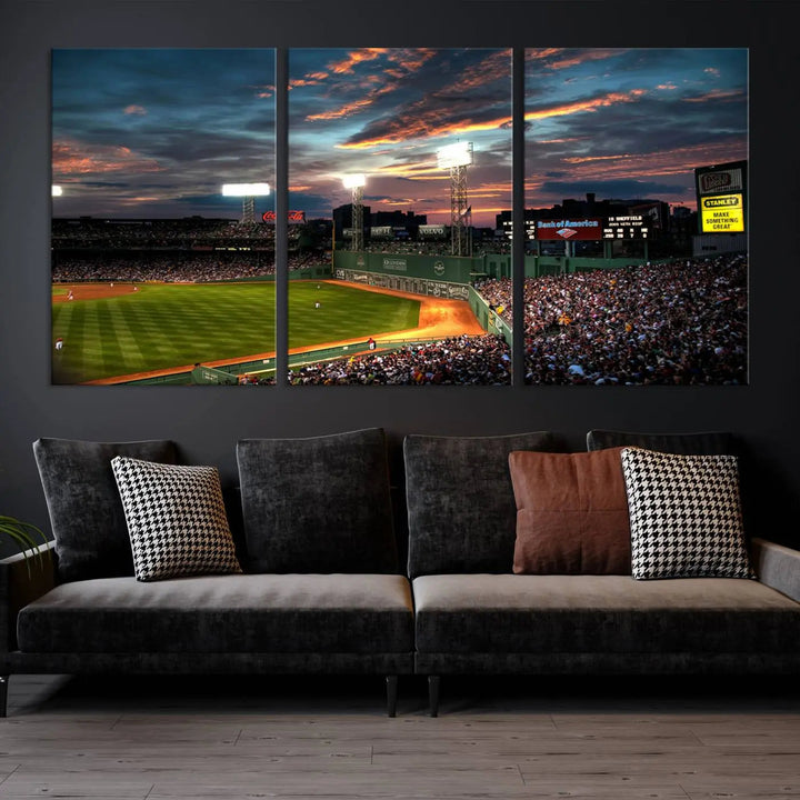 A three-panel framed Fenway Park Wall Art Canvas Print at sunset.