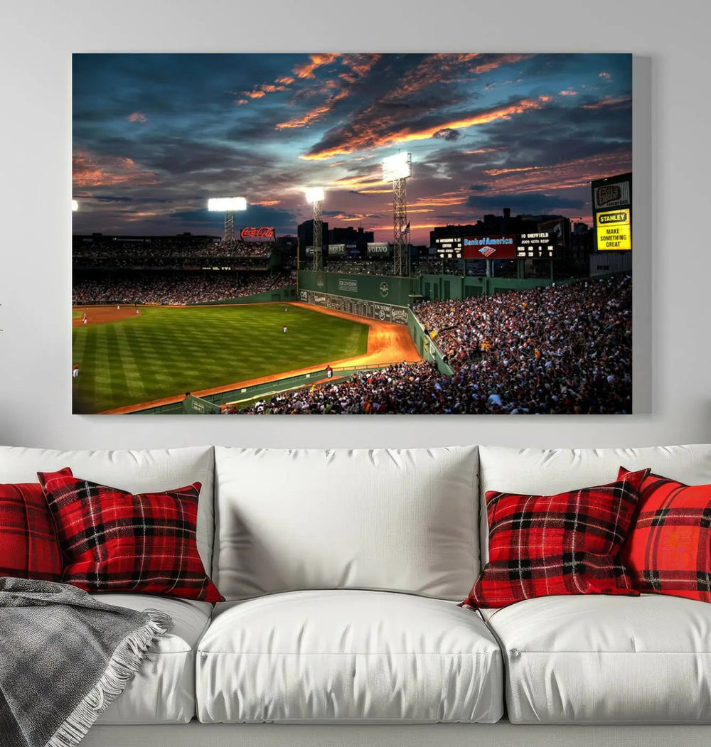 A three-panel framed Fenway Park Wall Art Canvas Print at sunset.