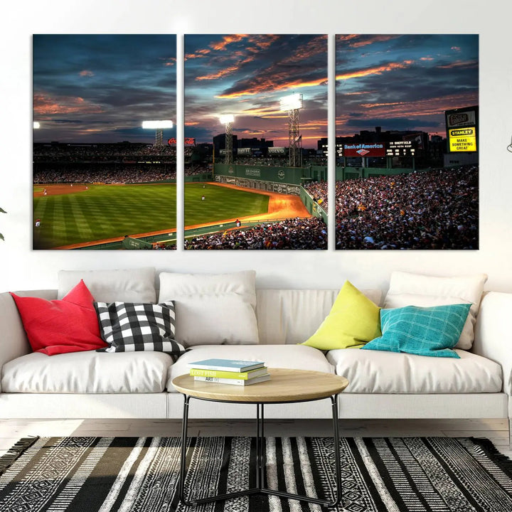 A three-panel framed Fenway Park Wall Art Canvas Print at sunset.