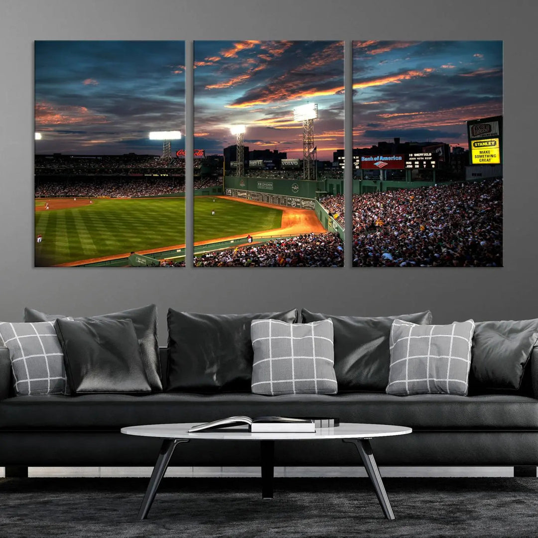 A three-panel framed Fenway Park Wall Art Canvas Print at sunset.