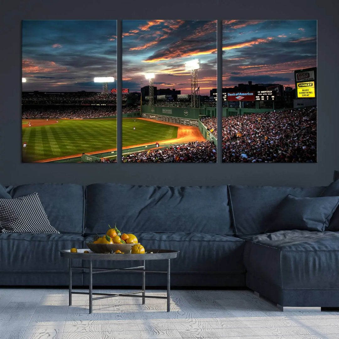 A three-panel framed Fenway Park Wall Art Canvas Print at sunset.