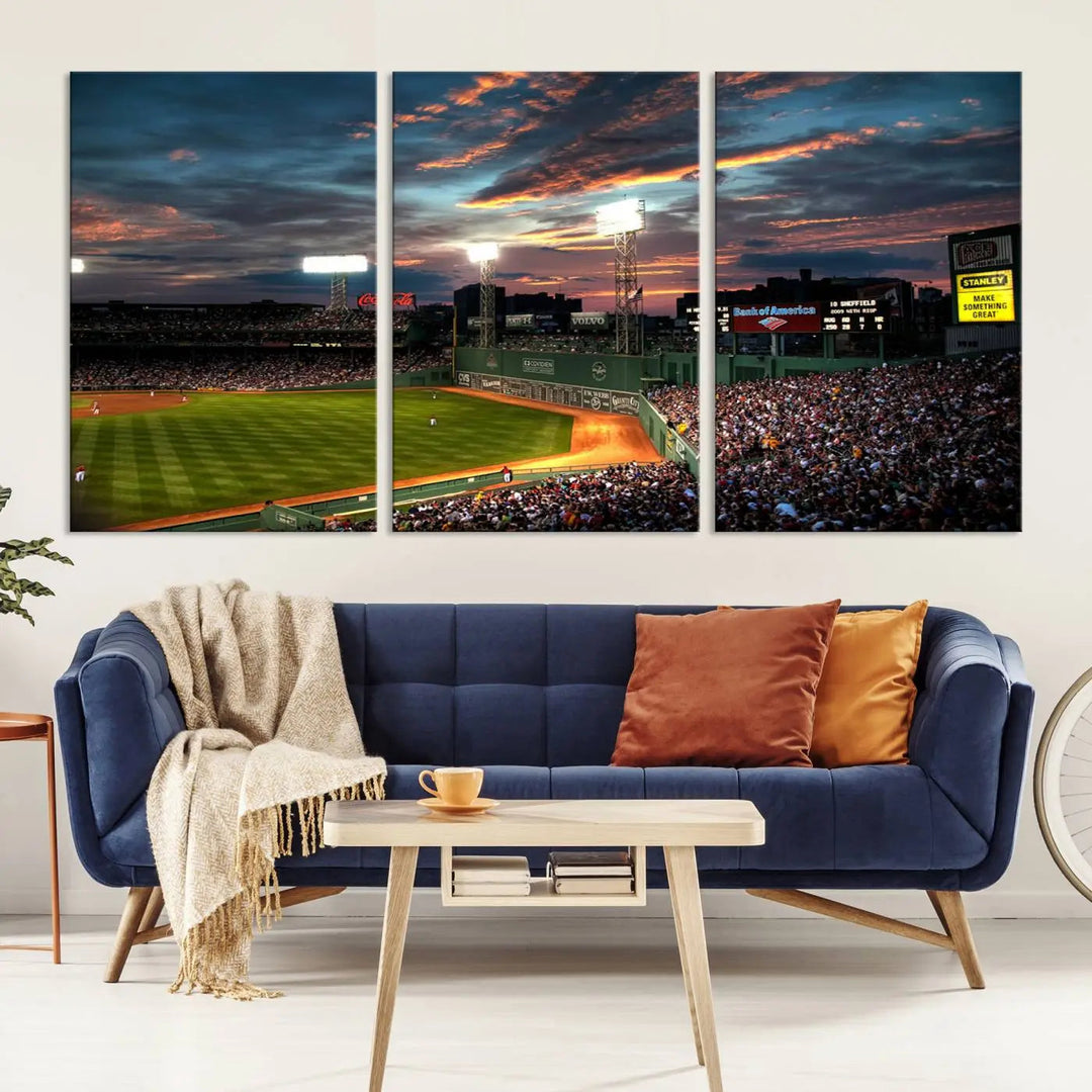 A three-panel framed Fenway Park Wall Art Canvas Print at sunset.