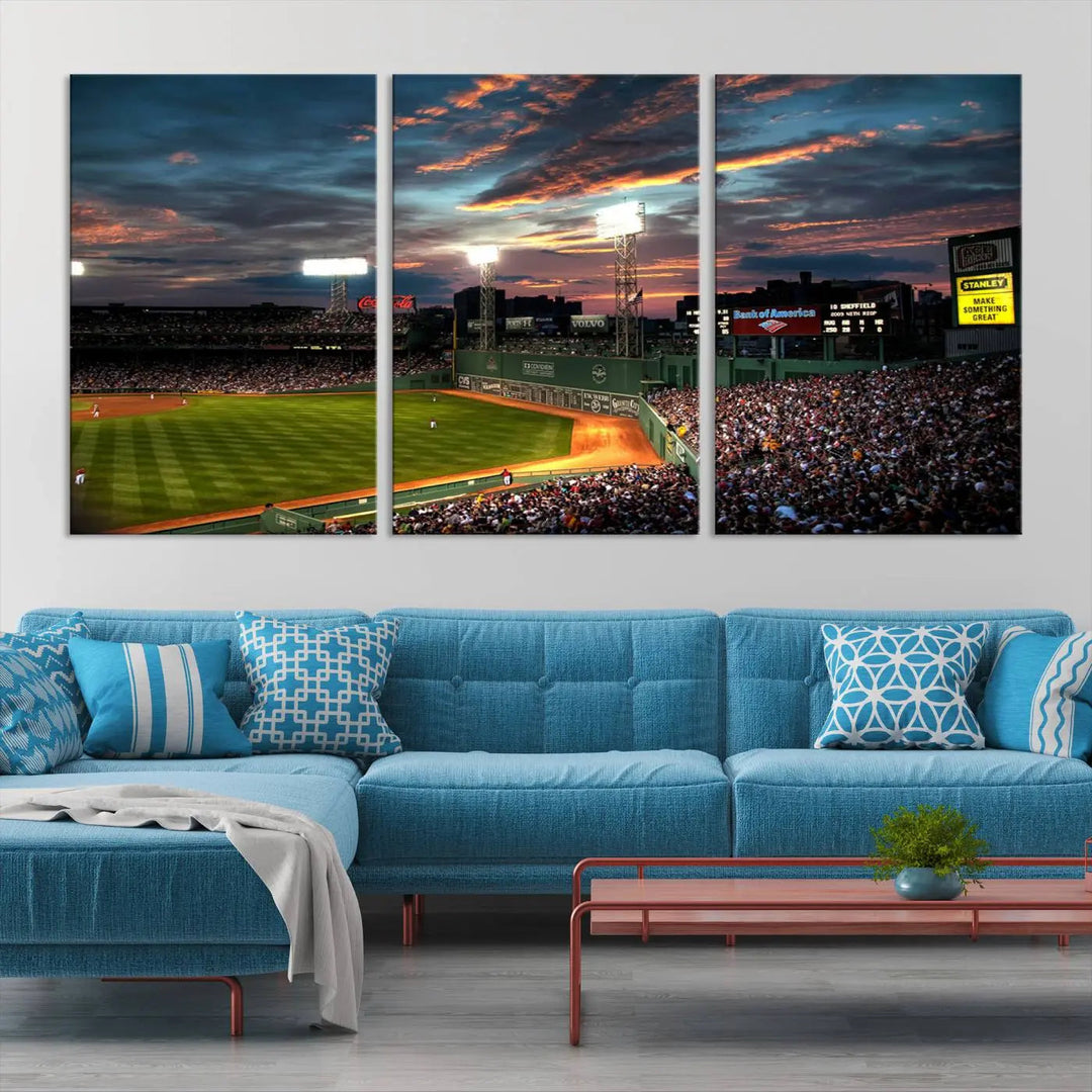 A three-panel framed Fenway Park Wall Art Canvas Print at sunset.