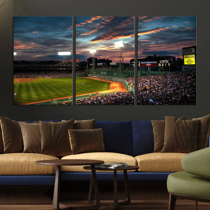 A three-panel framed Fenway Park Wall Art Canvas Print at sunset.